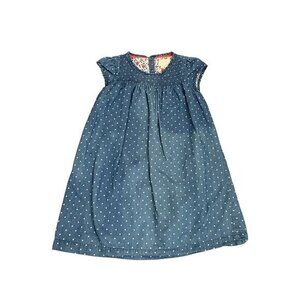 Girls Blue Polka Dot Denim Dress With Floral Lining Cap Sleeves & Button Back Cl